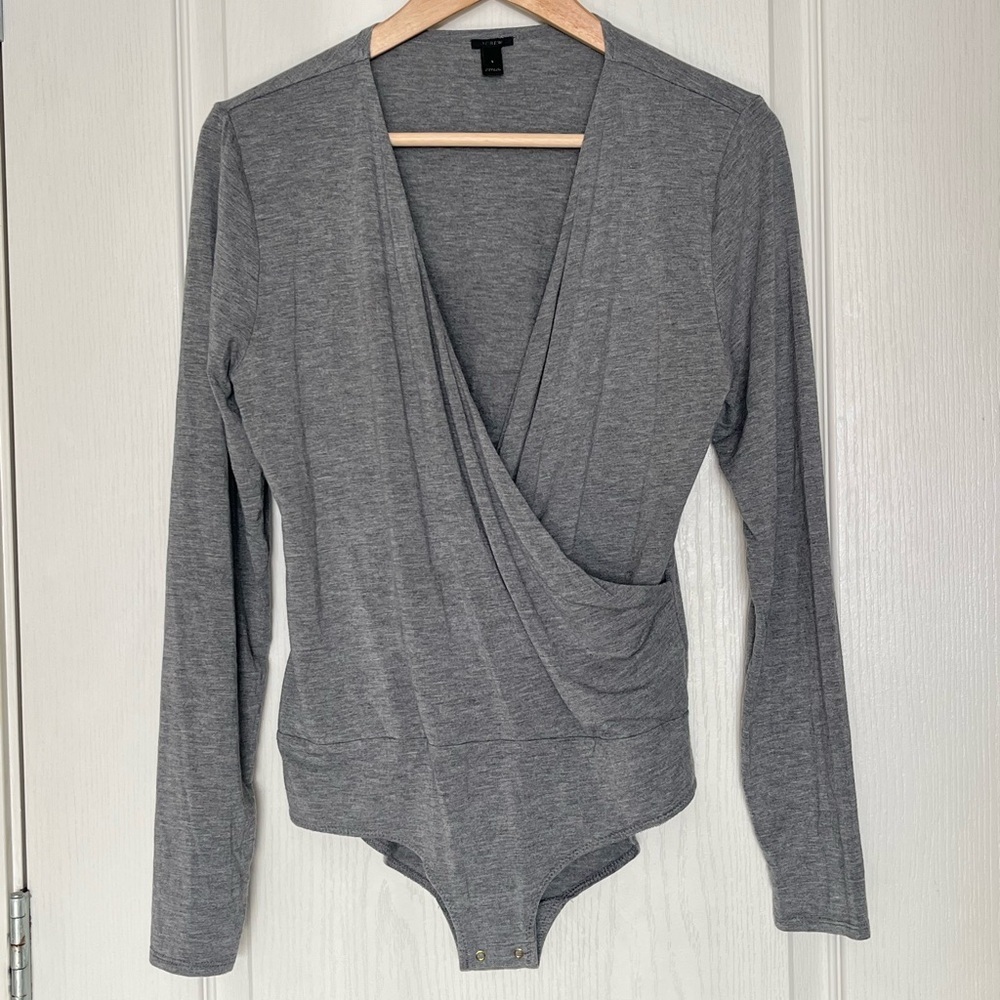 J. Crew Heather Grey Wrap Long Sleeve Bodysuit Size L Capsule Wardrobe Soft Knit